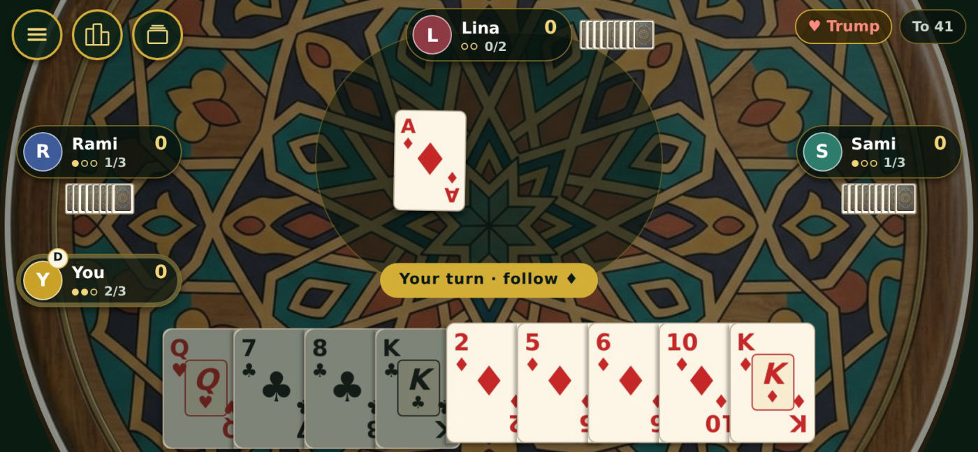 400: the ace of clubs leads, hearts are trump, and each player's call shows beside their name