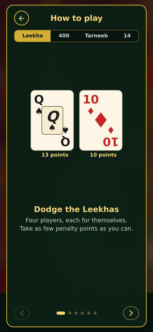 The How to play pages: the queen of spades marked 13 points and the ten of diamonds marked 10 points, under the heading Dodge the Leekhas
